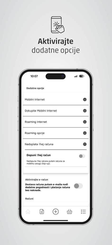 Moj ERONET - Moj ERONET mobile app screen displaying a menu for additional options like mobile internet roaming and account top up