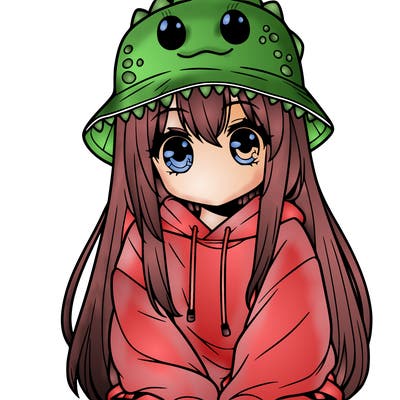girl with anime shaped eyes with a dinosaur bucket hat oversized sweatshirt long straight hair