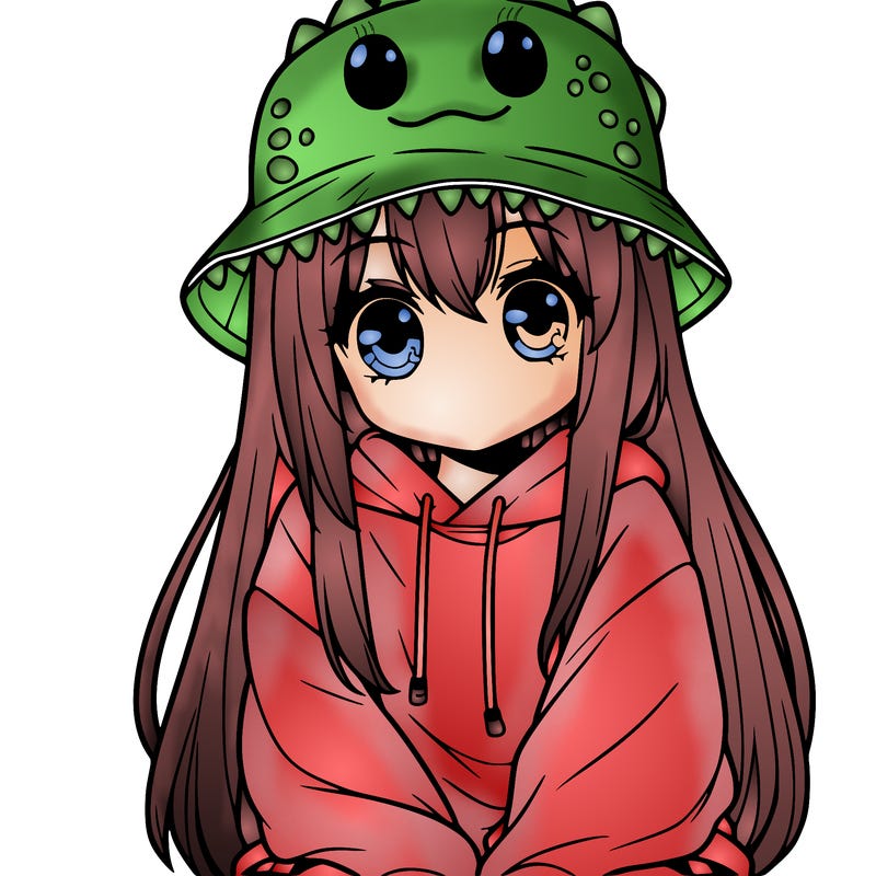 girl with anime shaped eyes with a dinosaur bucket hat oversized sweatshirt long straight hair