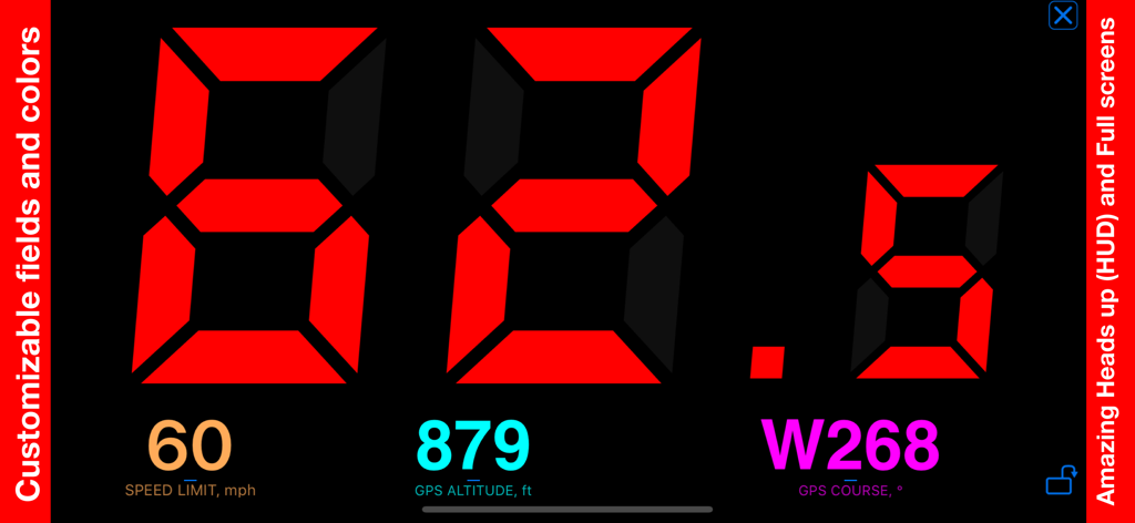 Speedometer 55 Pro. GPS kit. - High-contrast digital speedometer interface showing a speed of 62.5 mph in large red digits with speed limit and altitude data.