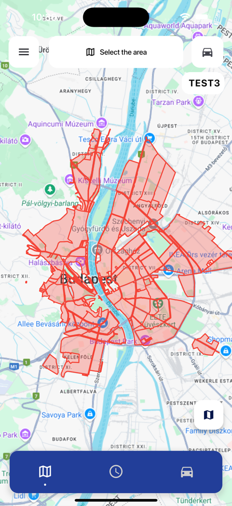 TrackGPS eParking - TrackGPS eParking App Karte zeigt hervorgehobene Parkzonen in einer Stadt