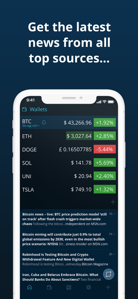 HODL app displaying real-time cryptocurrency prices and a news feed from various sources