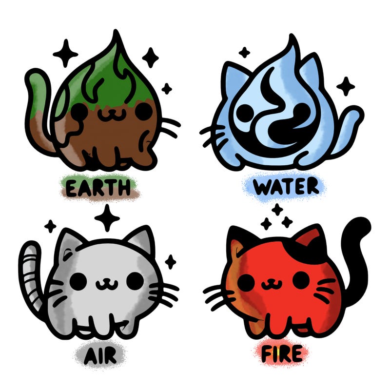 4 cats that represent the different elements, earth, water, air, and fire