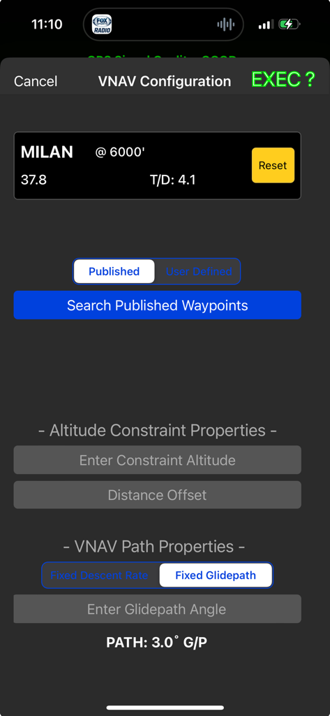 AltitudeAlert app VNAV configuration screen showing waypoint Milan at 6000 feet and glidepath settings