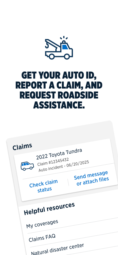 USAA Mobile app screen for reporting insurance claims and requesting roadside assistance