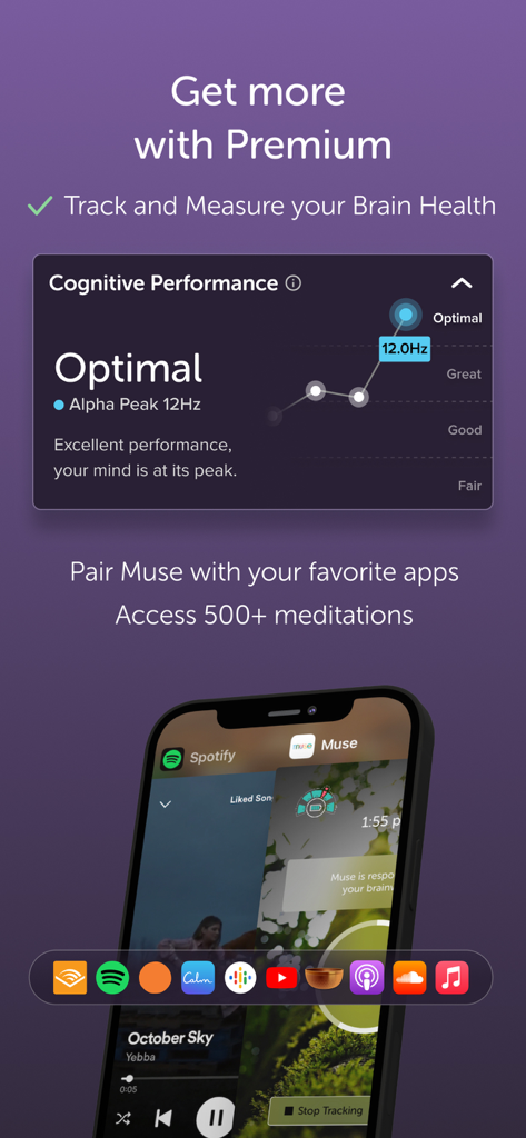 Muse: Brain Health & Sleep - Muse app premium screen showing cognitive performance charts and third party audio app integrations