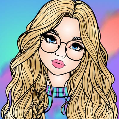 girl with long hair and freckles and glasses realistic