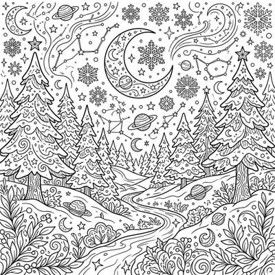 Step into a mystical winter forest where the night sky comes alive with celestial wonders. This detailed coloring page invites you to bring vibrant hues to sparkling stars, crescent moons, and snowy pines.