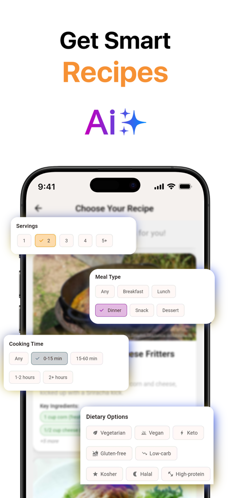 Oberfläche der intelligenten Rezept-App, die KI-Anpassungsfilter für Portionen, Mahlzeitenart und diätetische Vorlieben anzeigt