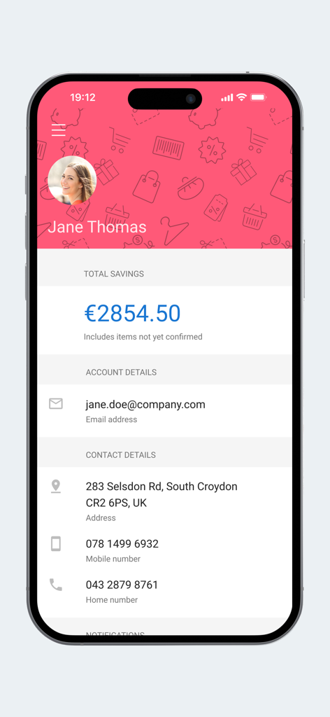 Interfaz de perfil de usuario en la aplicación Edenred Discounts mostrando detalles de la cuenta y el saldo total de ahorros
