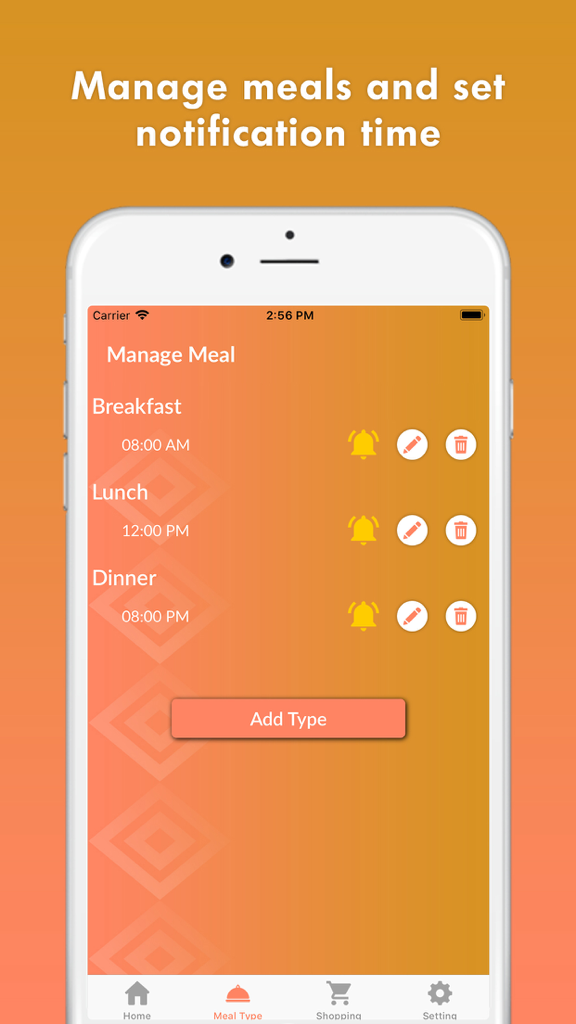 Interface of the Meal Planner app for managing meal schedules and setting daily notifications