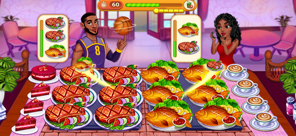 Cooking Max - Restaurant Games - Gameplay from Cooking Max showing a chef preparing steak and fish meals for restaurant customers