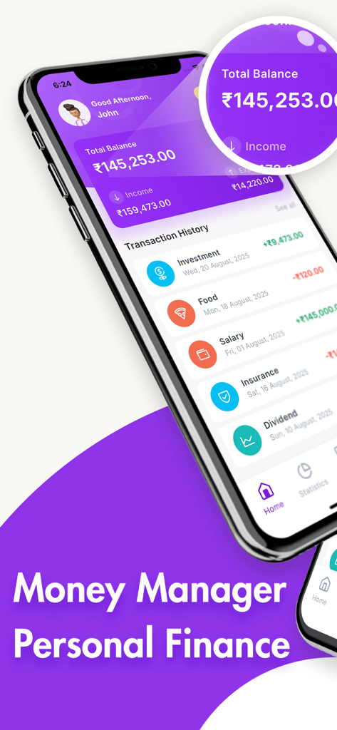 Money Manager: expense, budget - Money Manager app dashboard showing transaction history and total balance