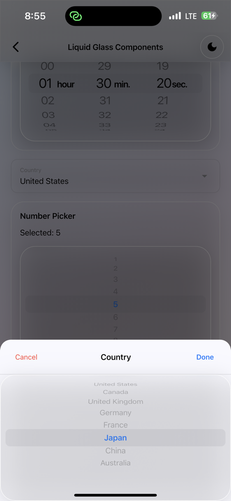 Demonstração de UI de seletores de hora e país com efeitos glassmorphism no Kit Flutter Liquid Glass