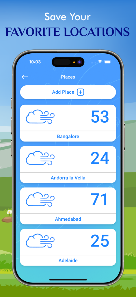 Interfaz de la aplicación del Índice de Calidad del Aire que muestra una lista de ciudades favoritas con sus puntuaciones actuales de AQI en vivo.