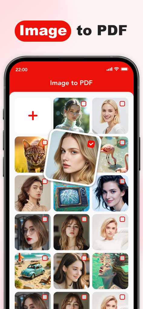 Interface do aplicativo EasePDF Pro mostrando seleção de várias fotos para conversão de imagem para PDF.