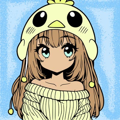 anime girl with chick shaped hat with sweater with bare shoulders with bangs covering them one eye with low tail
