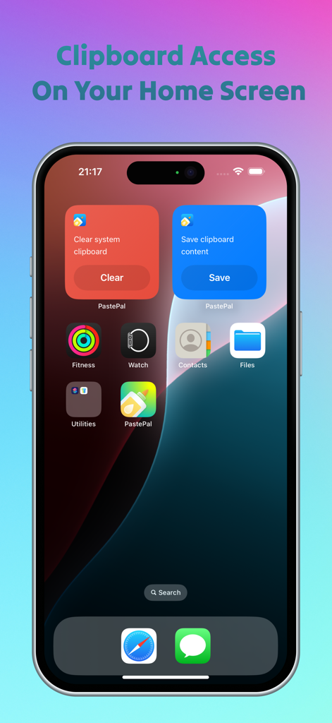 Schermata Home di iPhone che mostra i widget di PastePal per cancellare e salvare il contenuto degli appunti