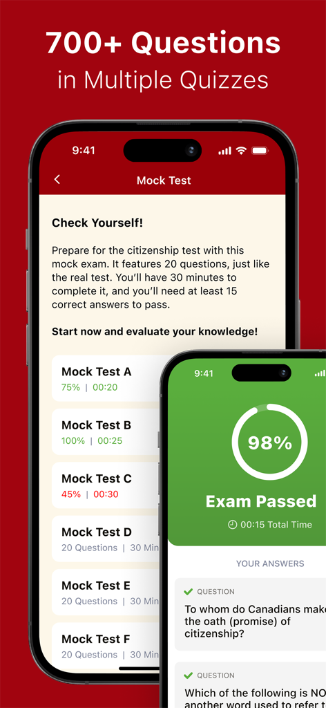 Pantallas de la aplicación móvil que muestran una lista de pruebas de práctica y un resultado de examen exitoso con un 98 por ciento de puntuación