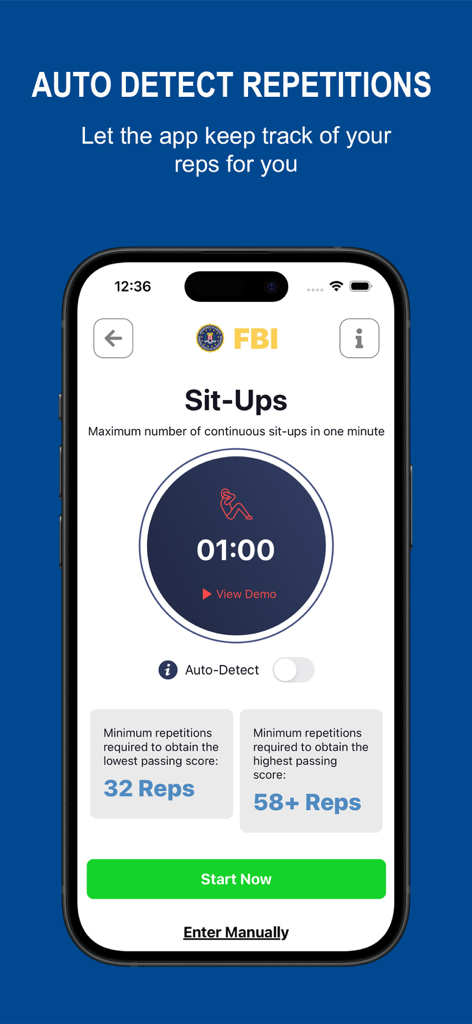 Pantalla de abdominales de la aplicación FBI FitTest con un cronómetro de un minuto y objetivos de puntuación de repeticiones.