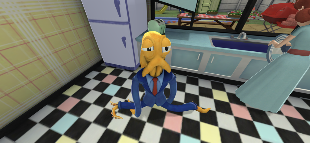 Octodad usando um terno e estatelado em um chão de cozinha quadriculado