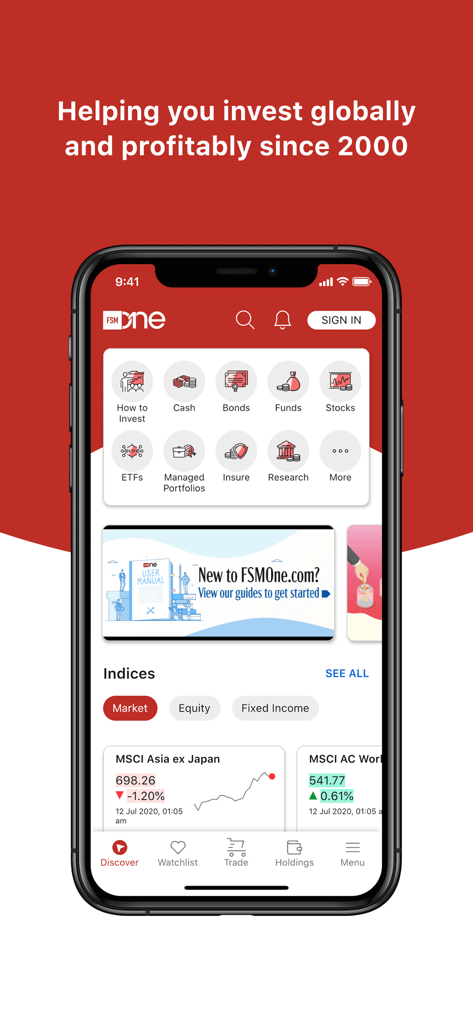 FSMOne - Invest Globally - FSMOne mobile app interface showing investment categories and global market indices