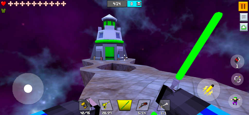 Pixel Fury Classic FPS Shooter - First person view of Pixel Fury FPS gameplay on a space map featuring a green laser sword.