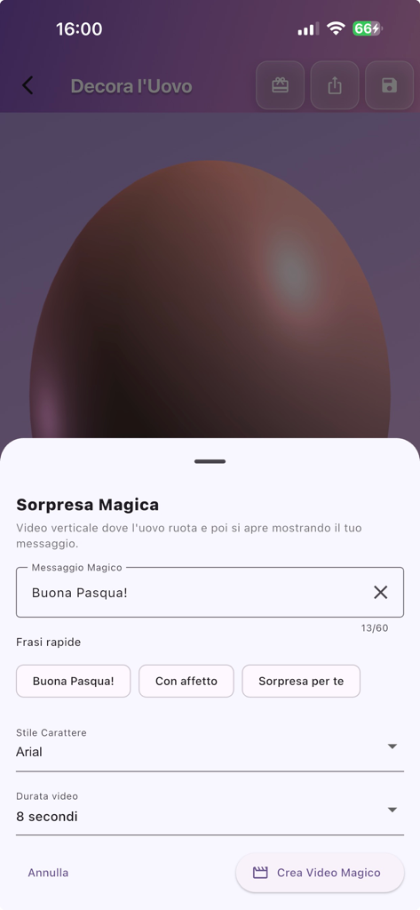 Easter Eggs 3D Painter - Interfaz de la aplicación Easter Eggs 3D Painter que muestra configuraciones para crear un video sorpresa mágico personalizado con un mensaje personalizado y un huevo de chocolate 3D.