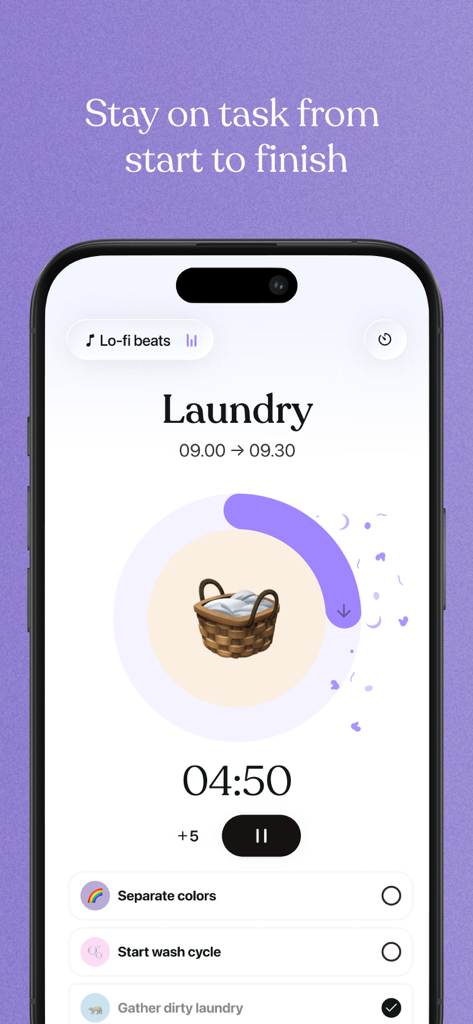 Tiimo app interface showing a visual countdown timer for a laundry task with sub-tasks and lo-fi music options