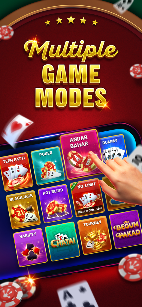 Teen Patti Gold app interface displaying multiple game modes like Andar Bahar Poker and Rummy