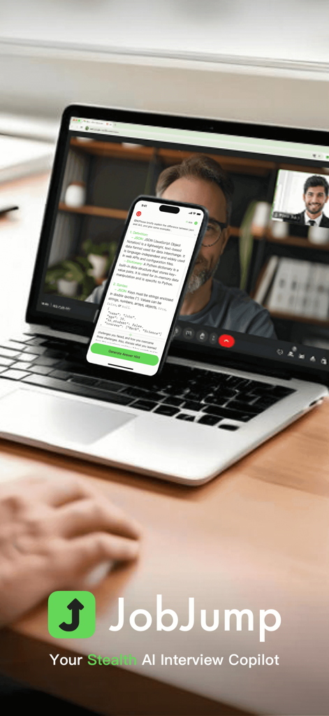 JobJump: Job Interview Copilot - JobJump app on a smartphone providing real-time AI interview answers in front of a laptop during a video call
