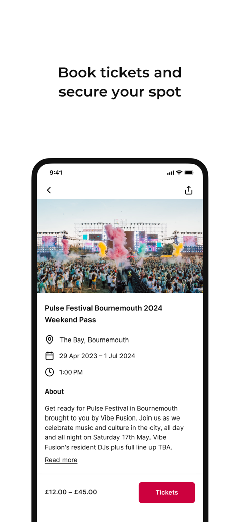 FIXR - Pantalla de la aplicación FIXR que muestra los detalles de reserva de entradas para un festival de música