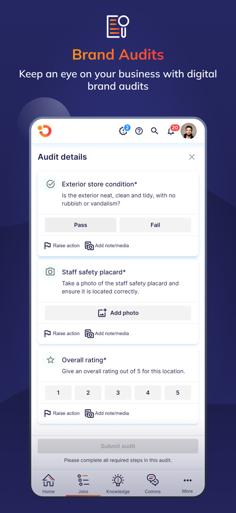 Operandio - Mobile app interface of Operandio showing a digital brand audit checklist for store inspections