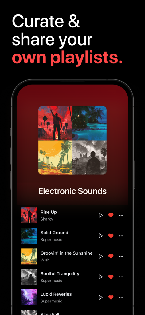 AI生成トラックを含む「エレクトロニック・サウンド」というタイトルのキュレーションされた音楽プレイリストを表示するSupermusicアプリのインターフェース。