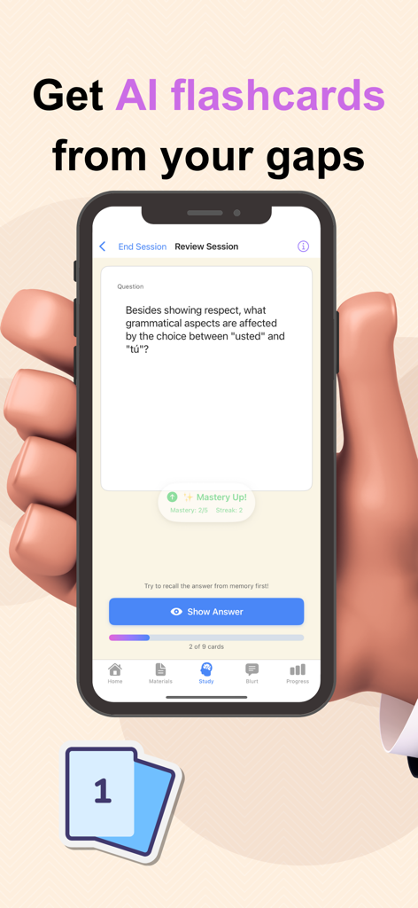 Blurtr: Study & Blurt - A smartphone screen showing an AI flashcard in the Blurtr study app identifying knowledge gaps