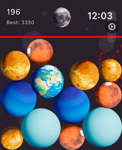 Merge Sun Master for watch - Apple Watch screen showing planets like Earth and Mars in the Merge Sun Master puzzle game.