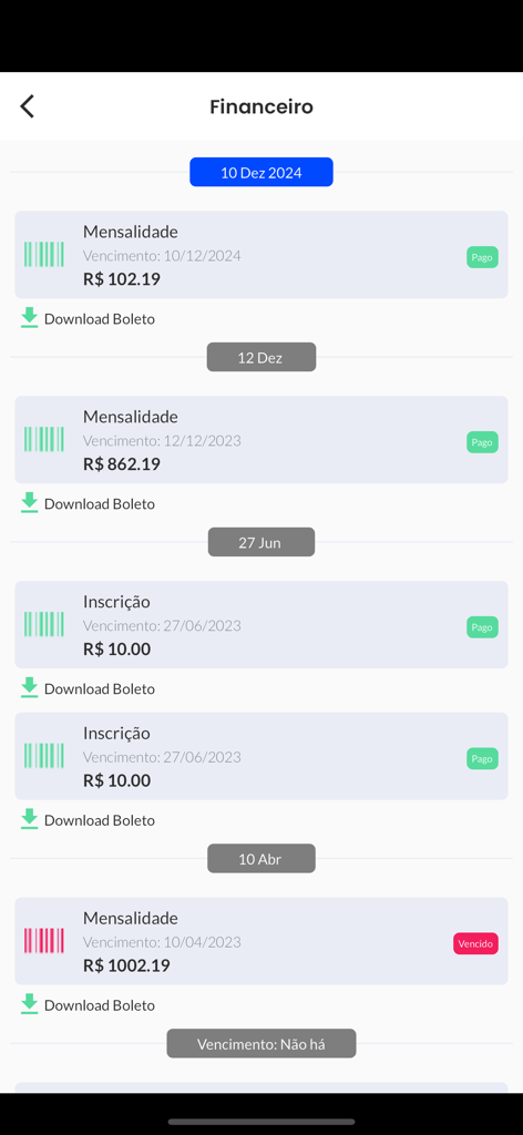 Pantalla financiera de la aplicación Atirador que muestra una lista de cuotas de membresía y pagos de registro