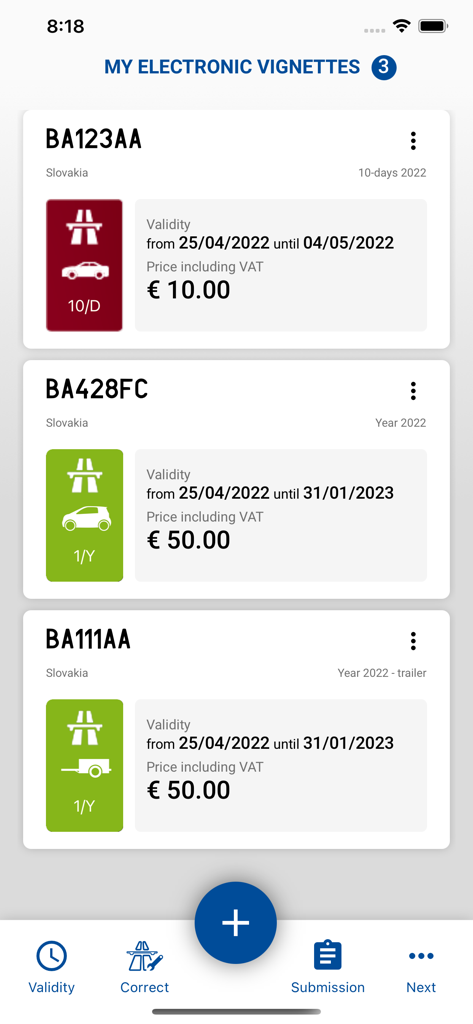 Vista do painel da aplicação eznamka mostrando uma lista de vinhetas eletrónicas compradas para as autoestradas eslovacas