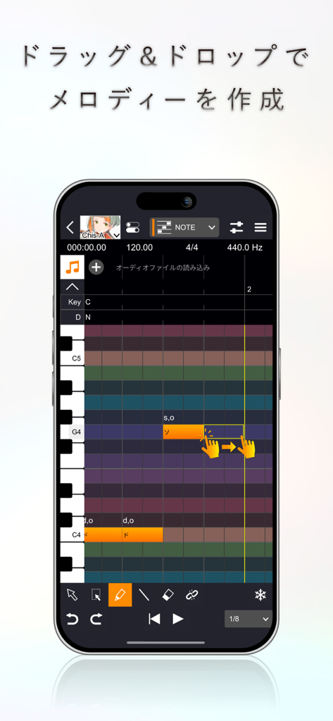 Mobile piano roll interface in VoiSona for creating AI singing voice melodies using drag and drop.