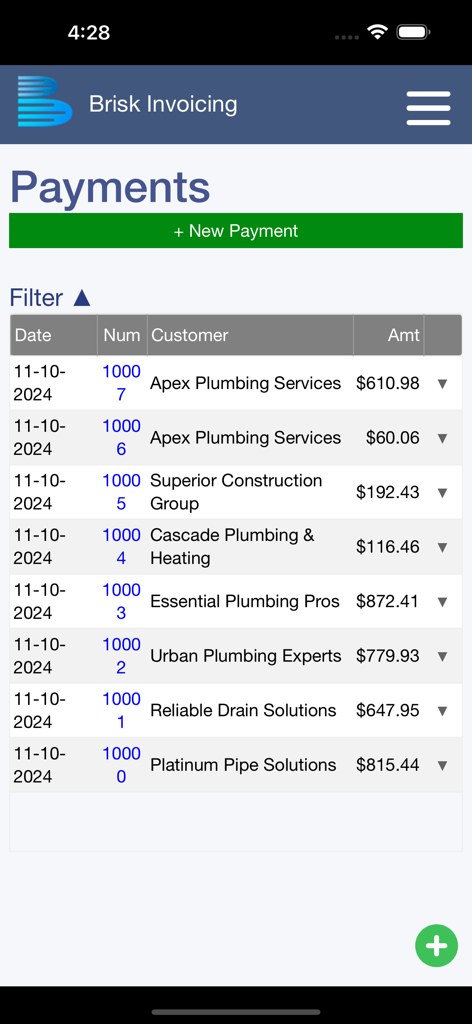 Brisk Invoicing - Brisk Invoicing app interface showing a list of recent customer payments