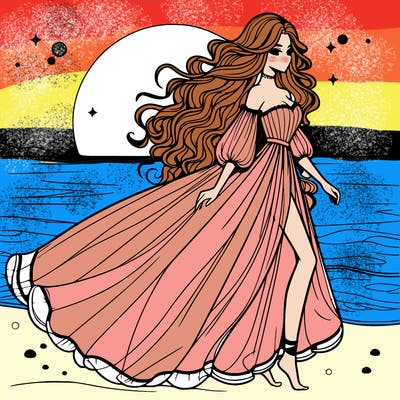 beautiful woman with a vaporous long dress walking on the beach at the noon, detailed art