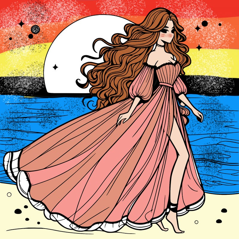 beautiful woman with a vaporous long dress walking on the beach at the noon, detailed art