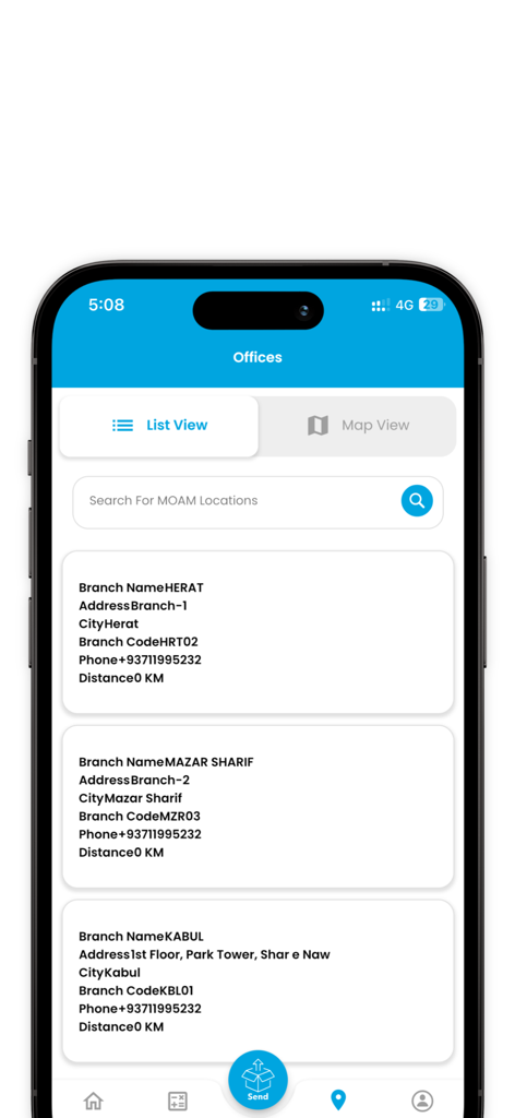 MOAM - Mobile app screen showing a list of MOAM office branches including addresses and contact details