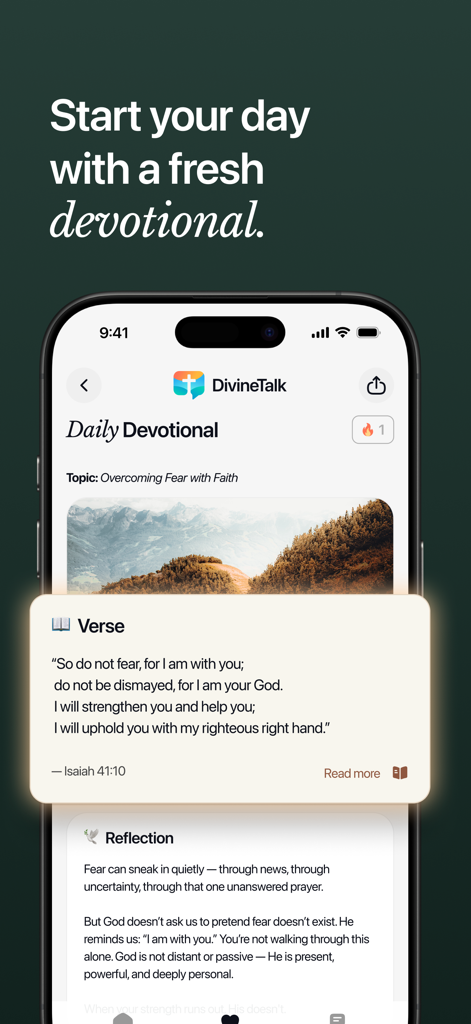 DivineTalk - Bible Tracker - DivineTalkアプリの毎日の祈りの画面。聖句と恐れを克服することについての考察を表示