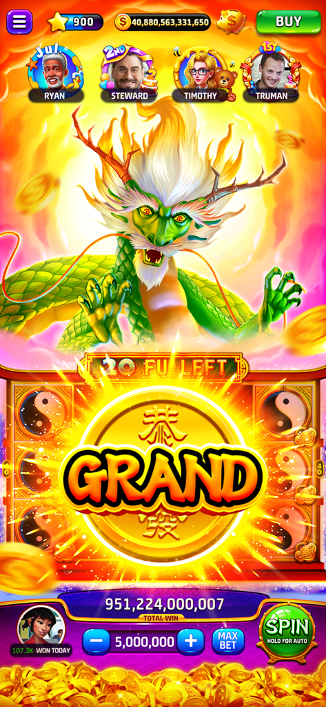 Cash Club Casino - Vegas Slots - Una pantalla de celebración de jackpot principal en Cash Club Casino con un gran dragón verde y una moneda de oro de victoria.