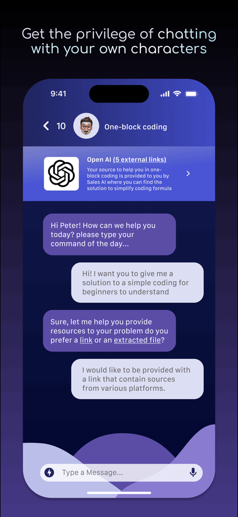 Joy AI - Joy AI mobile app interface showing a chat with a custom coding assistant character