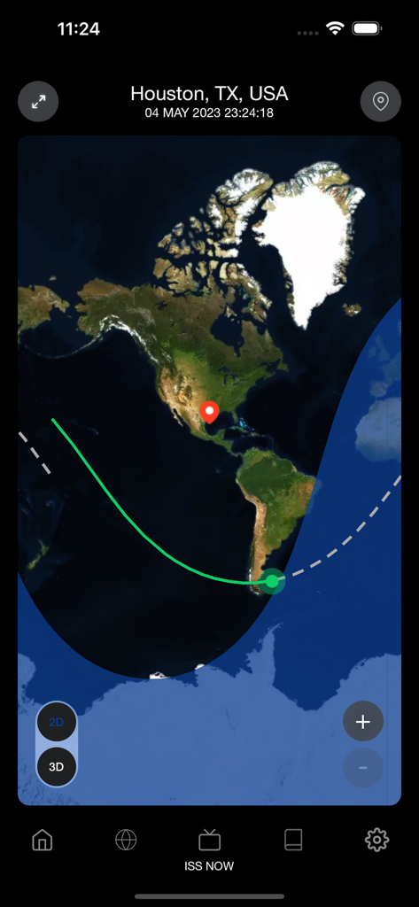 NASA Spot the Station mobile app showing the International Space Station orbital path on a world map.