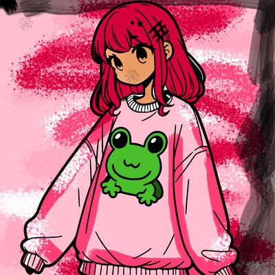 girl wearing frogging sweatshirt