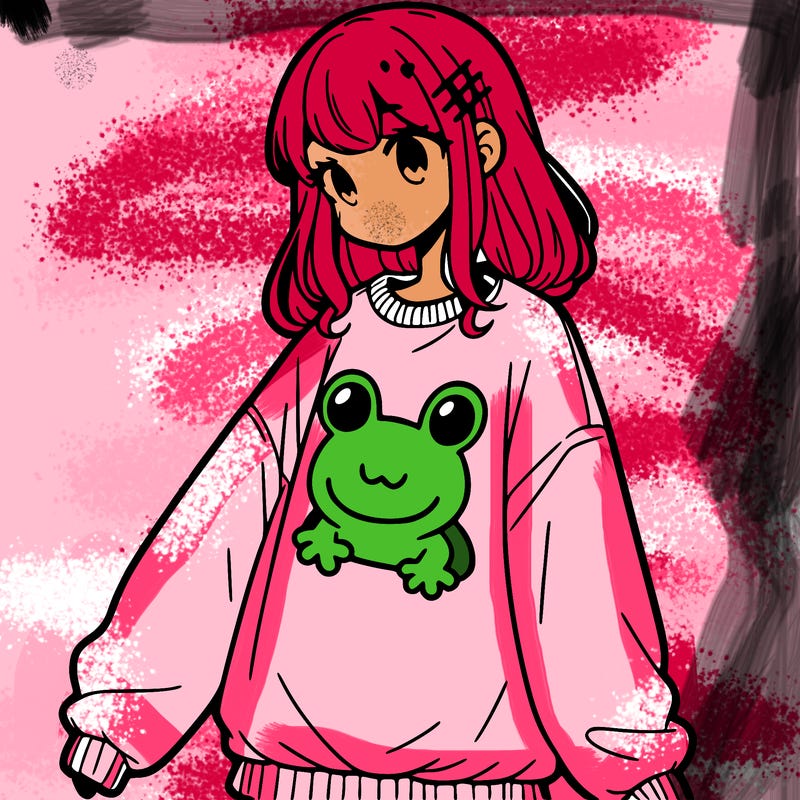 girl wearing frogging sweatshirt
