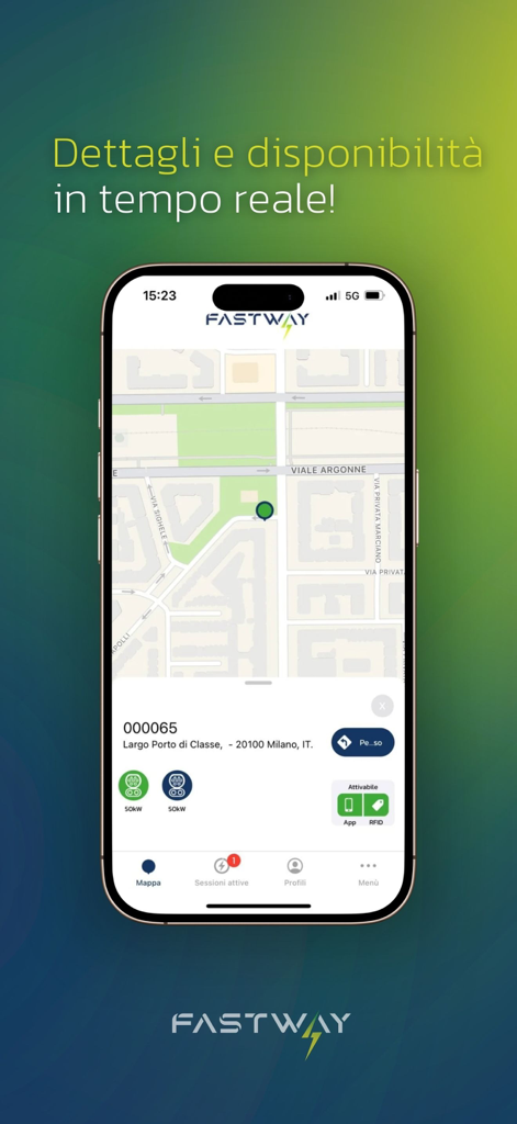 Schermata dell'app mobile FastWay che mostra la disponibilità in tempo reale della stazione di ricarica EV e la posizione sulla mappa